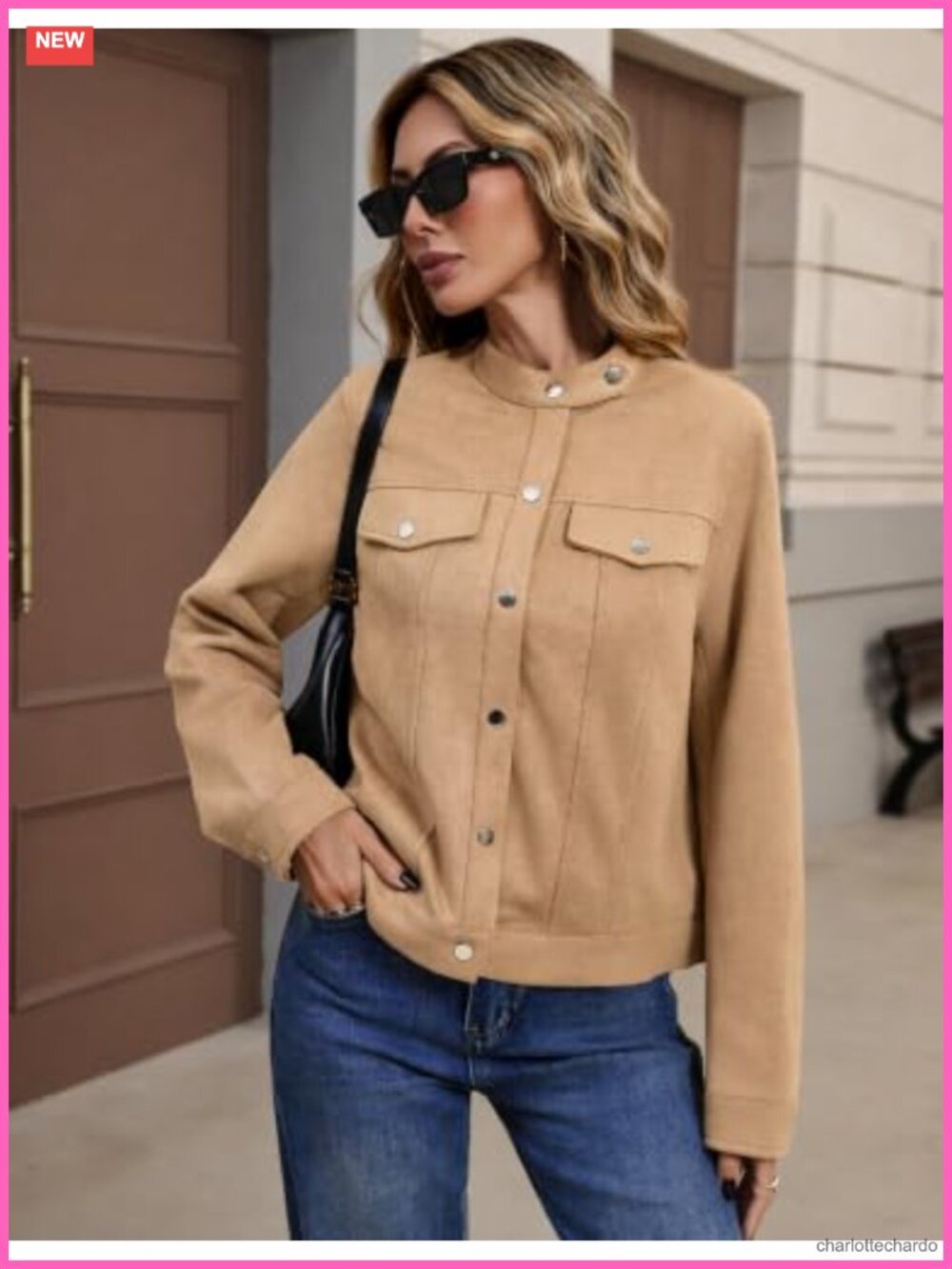 Faux Suede Cropped Jacket Snap Button Pockets Fall Shacket - Picture 3 of 6